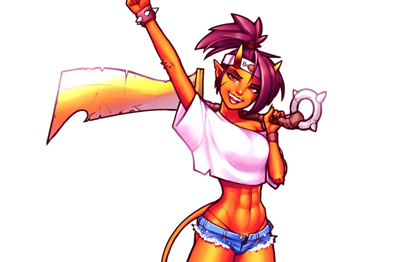 Photo wallpaper girl, smile, body, shorts, sword, art, tail, horns