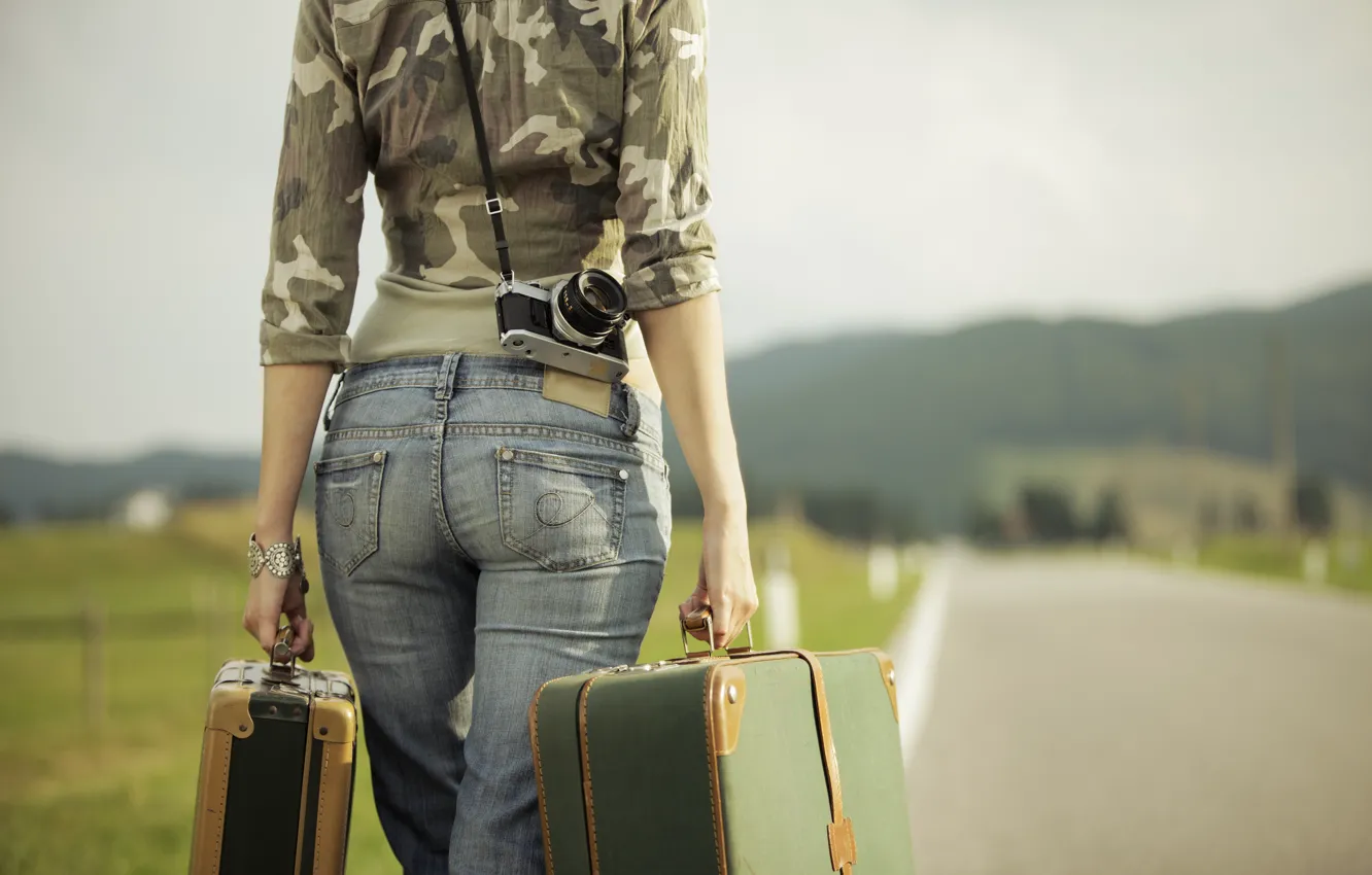 Photo wallpaper road, girl, the camera, bracelet, suitcases