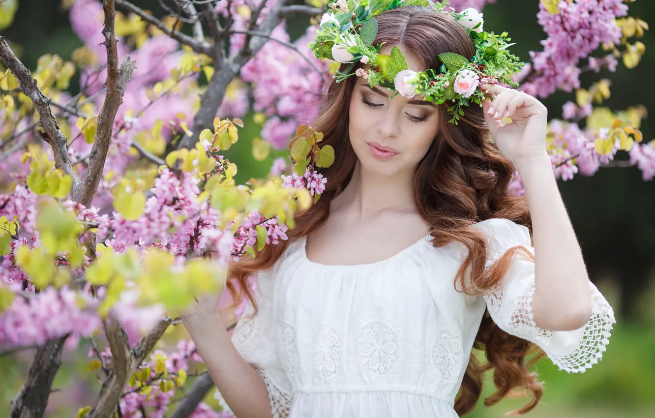 Photo wallpaper summer, leaves, girl, flowers, branches, nature, pose, sweetheart