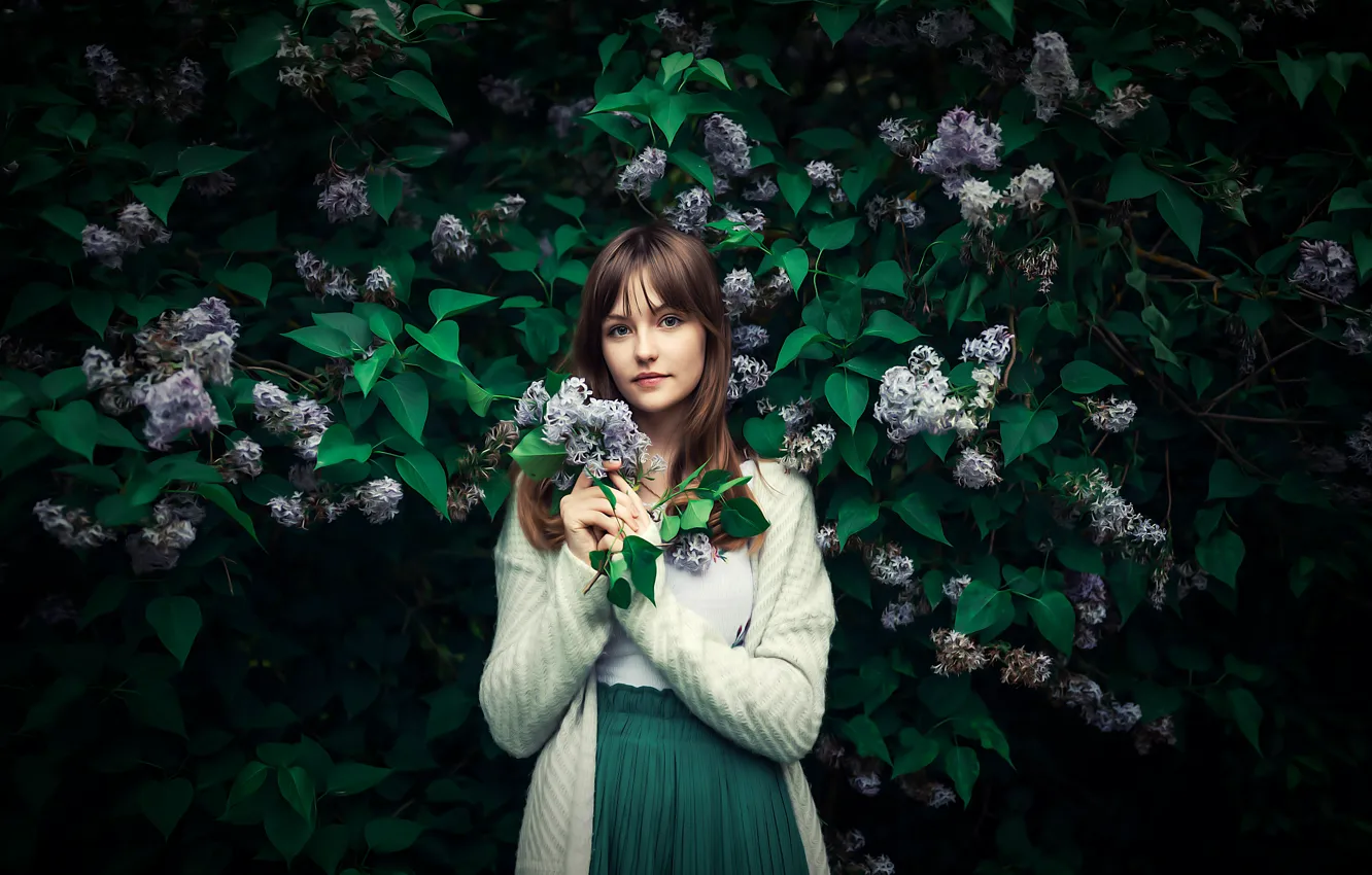 Photo wallpaper girl, flowers, spring, the bushes, lilac, AI art, neural network