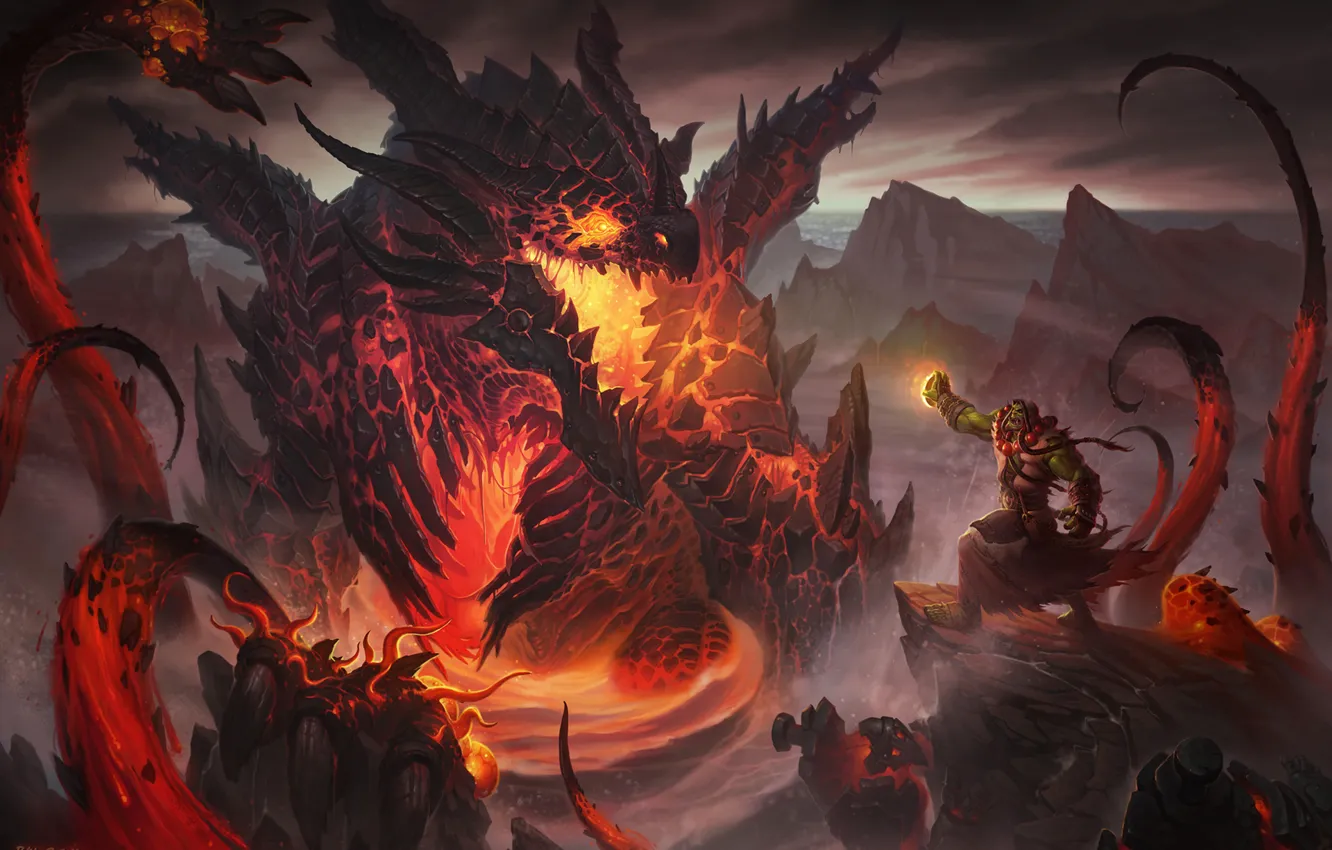 Photo wallpaper dragon, lava, fascinator, caster, Orc sorcerer