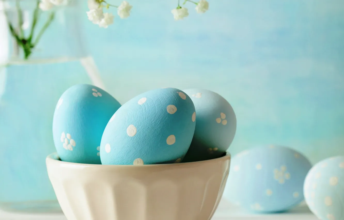 Photo wallpaper flowers, eggs, Easter, blue, flowers, eggs, easter, pastel