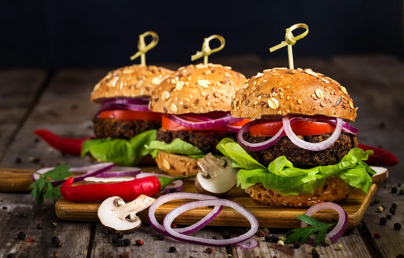Photo wallpaper mushrooms, bow, pepper, hamburger, roll, salad