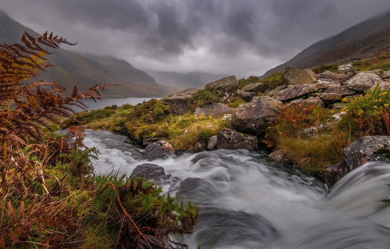 Photo wallpaper grass, clouds, mountains, fog, river, stream, stones, slope