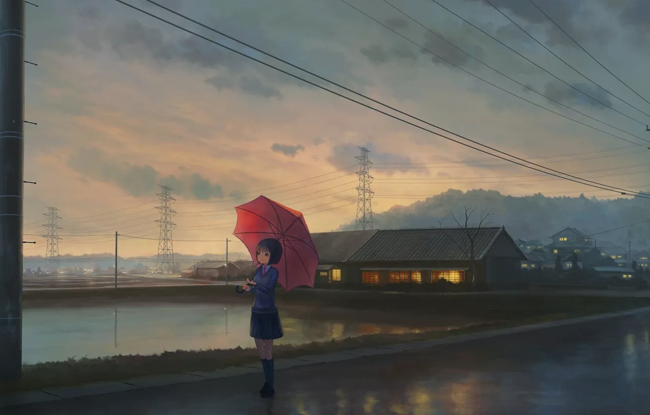 Photo wallpaper posts, wire, home, the evening, Japan, Power lines, schoolgirl, waiting