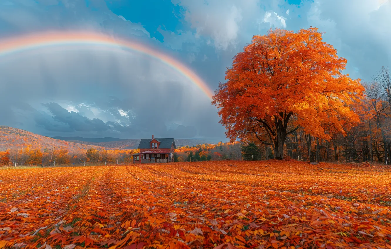 Photo wallpaper field, autumn, trees, home, rainbow, AI art, neural network