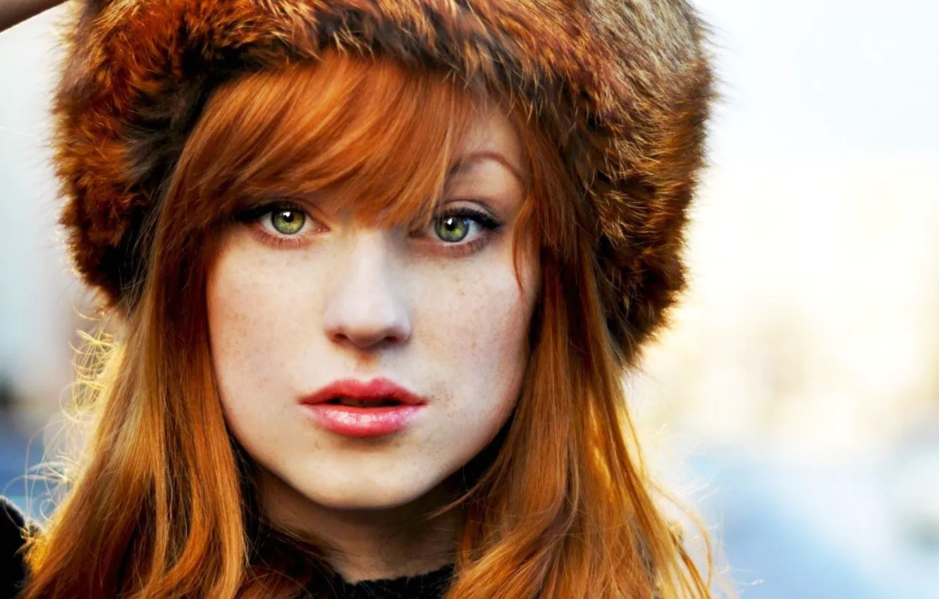 Photo wallpaper girl, hat, portrait, freckles, beautiful, redhead, green eyes, irish woman