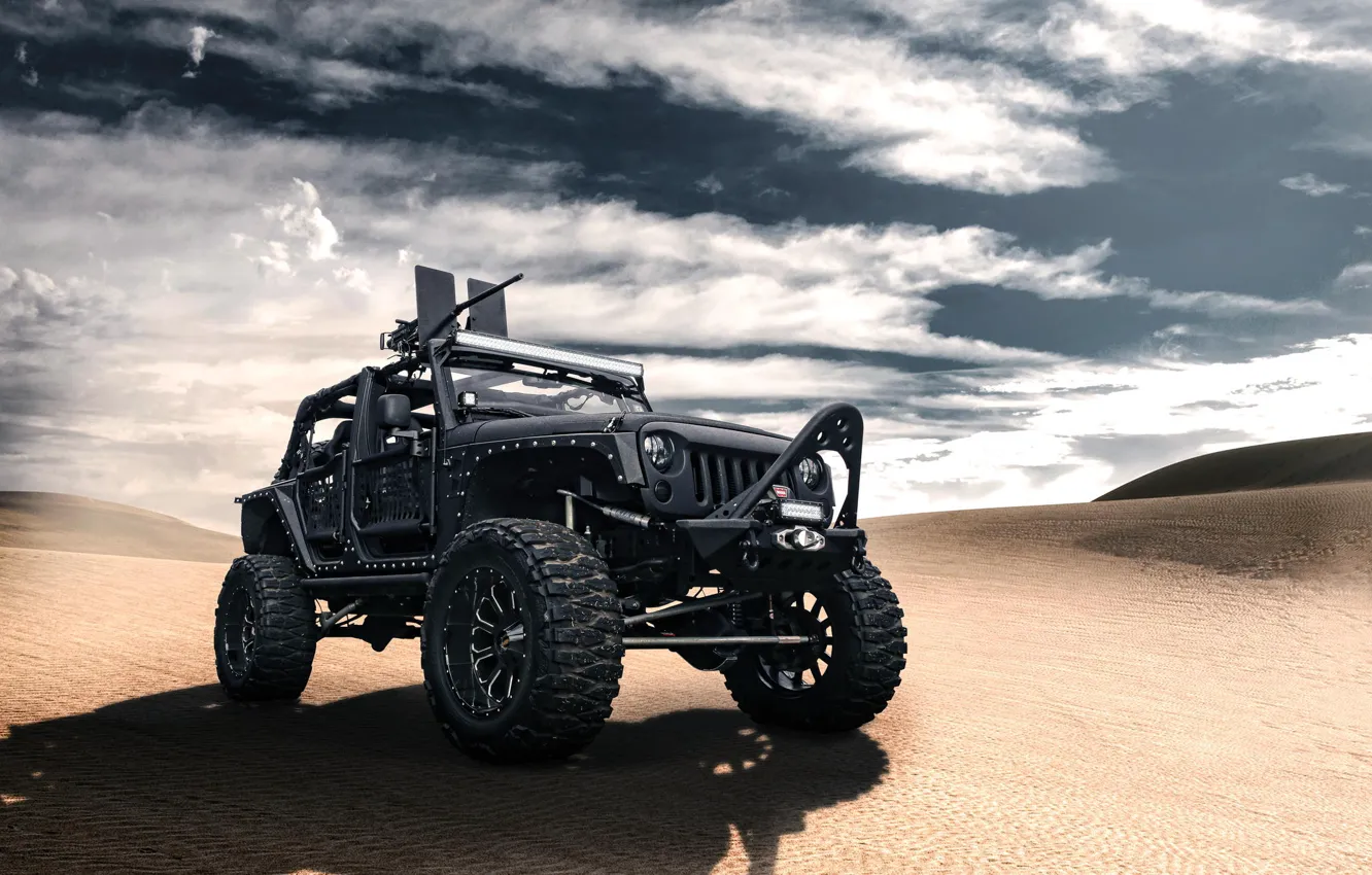 Photo wallpaper black, desert, jeep, black, desert, front, machine gun, Wrangler
