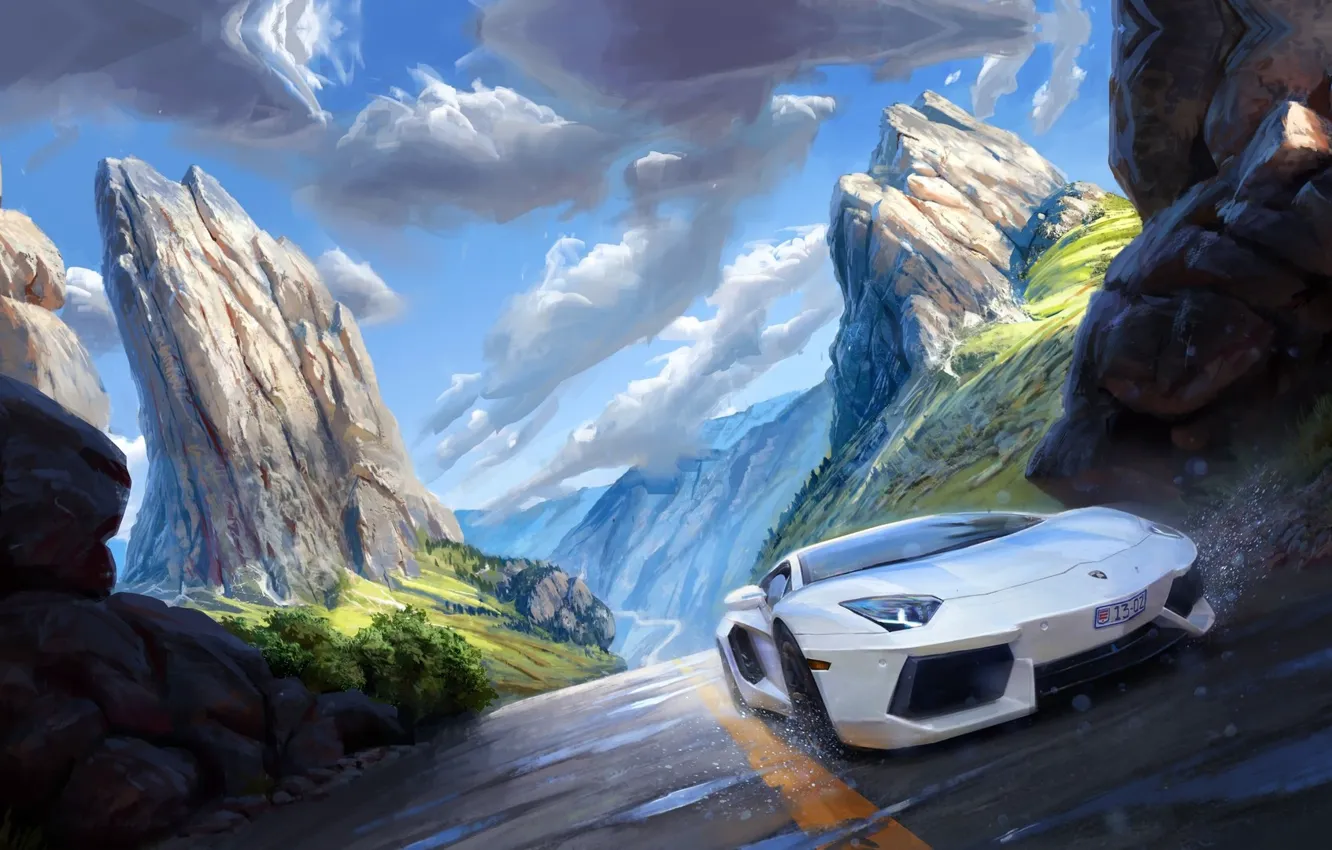 Photo wallpaper auto, landscape, mountains, art, Michal Kus, Lambo speeding