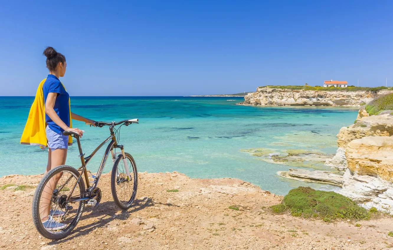 Photo wallpaper tourists, bike, Sardinia, shore, sea, girl, S'Arena Scoada, Sardinia