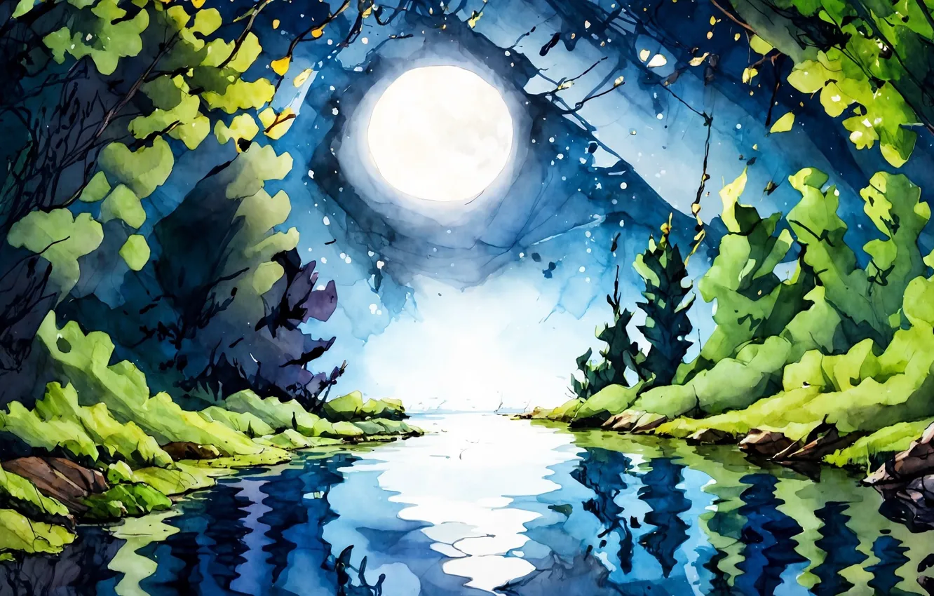 Photo wallpaper forest, night, lake, reflection, Moonlight, AI art