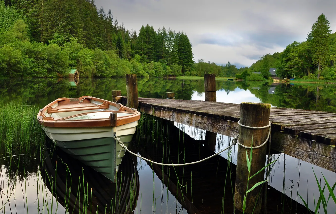 Photo wallpaper lake, boat, the bridge, reflection.