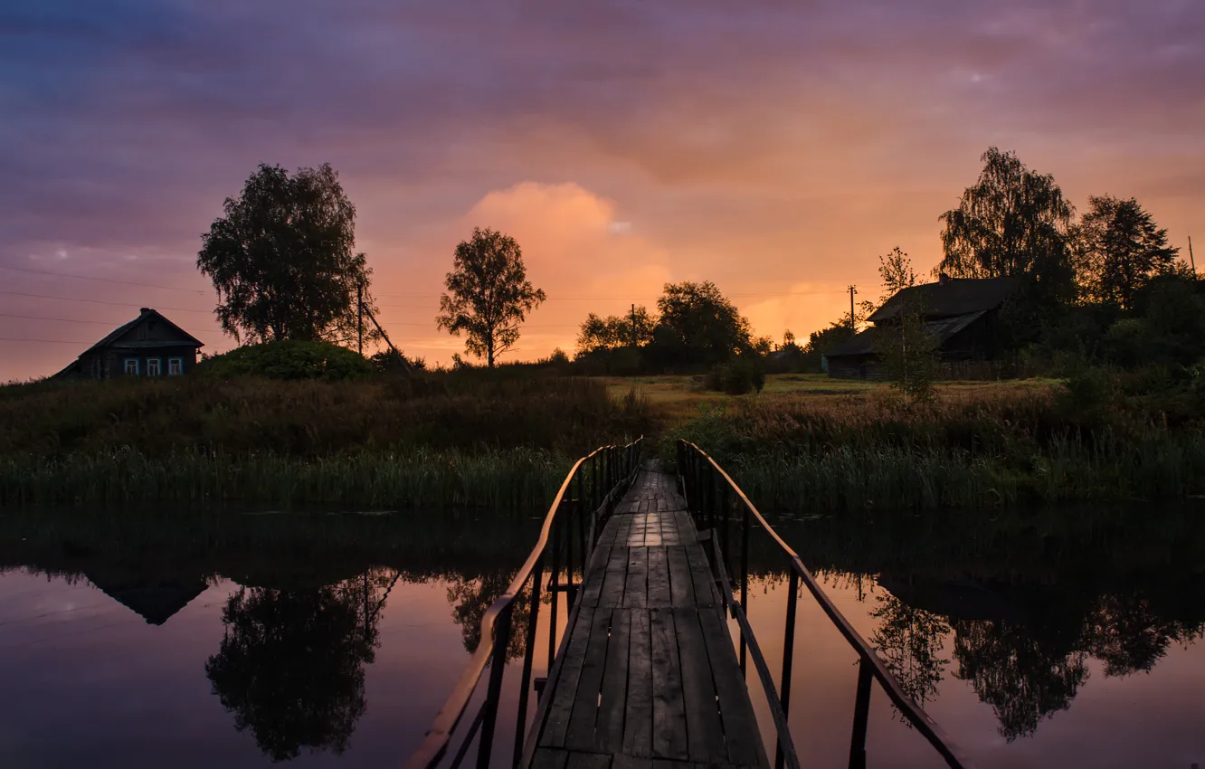 Photo wallpaper Sunset, The sky, Water, Bridge, River, Village, Clouds, Landscape