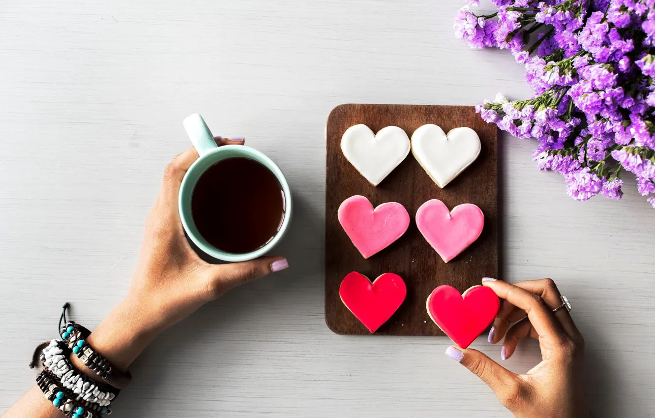 Photo wallpaper flowers, coffee, hands, cookies, mug, hearts