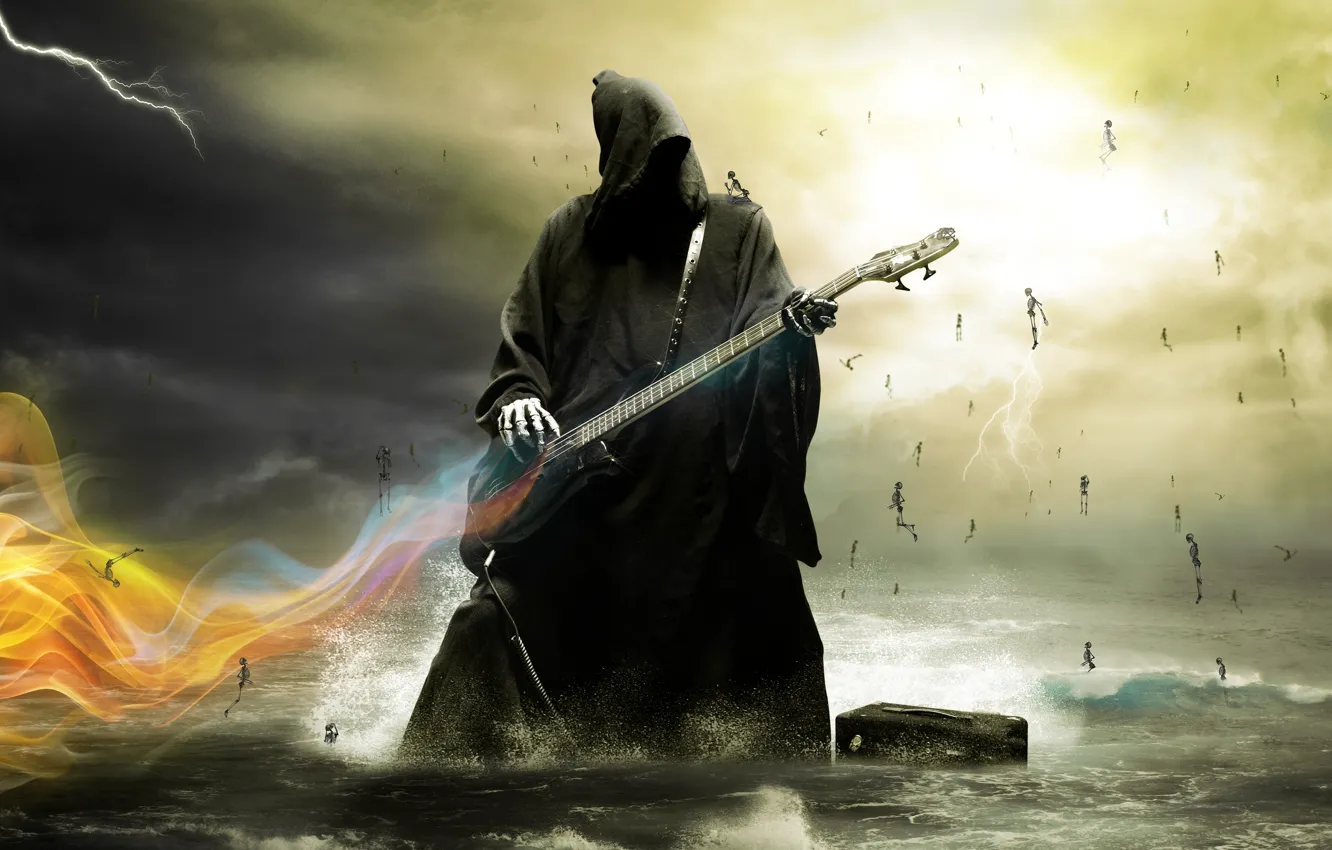 Photo wallpaper the sky, water, death, skeleton, electric guitar