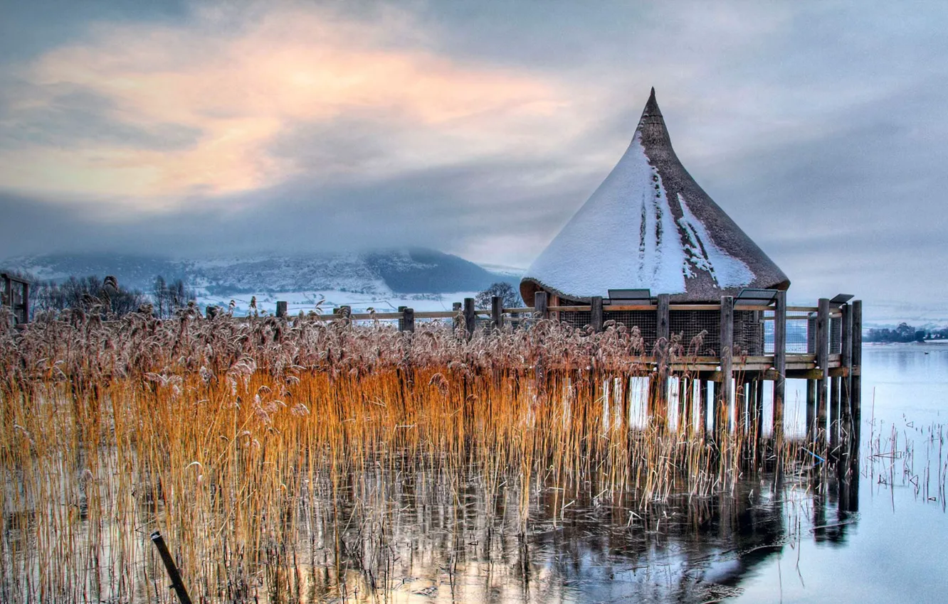 Photo wallpaper Wales, The Brecon Beacons, Welsh Crannog Centre, lake Llangorse