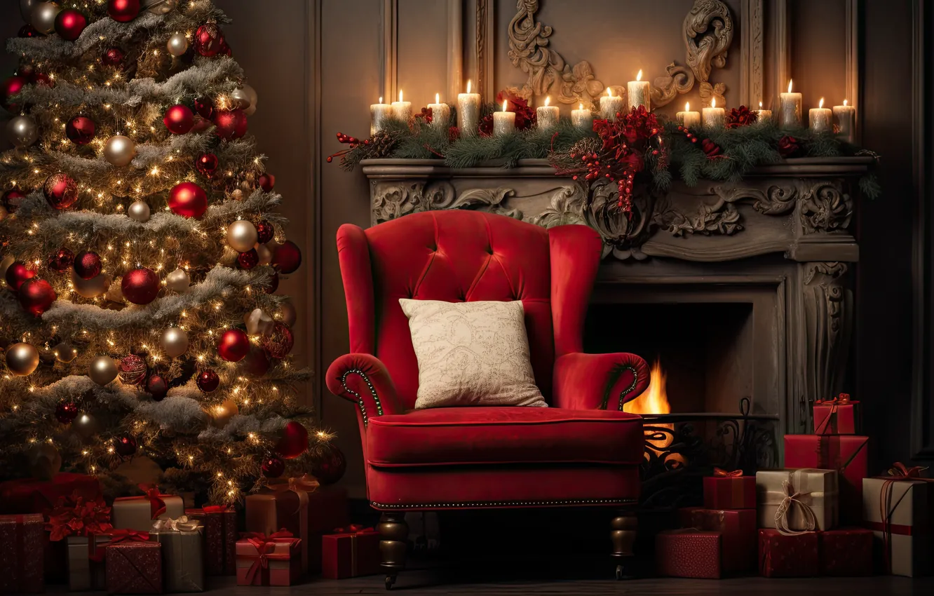 Photo wallpaper decoration, room, gift, balls, tree, new year, interior, chair