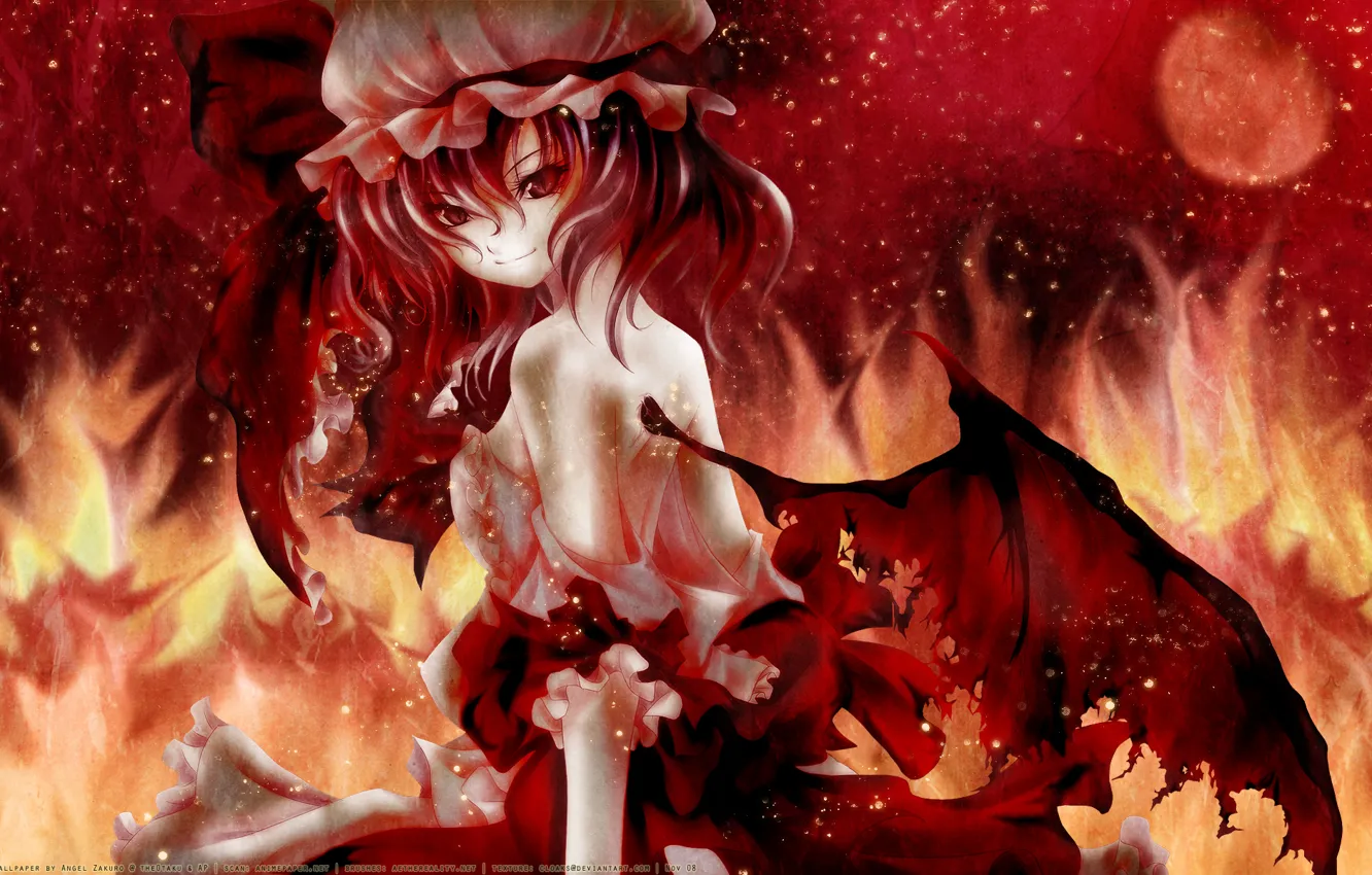 Photo wallpaper blood, flame, the full moon, red eyes, touhou, Vampire, Remilia Scarlet, torn wings