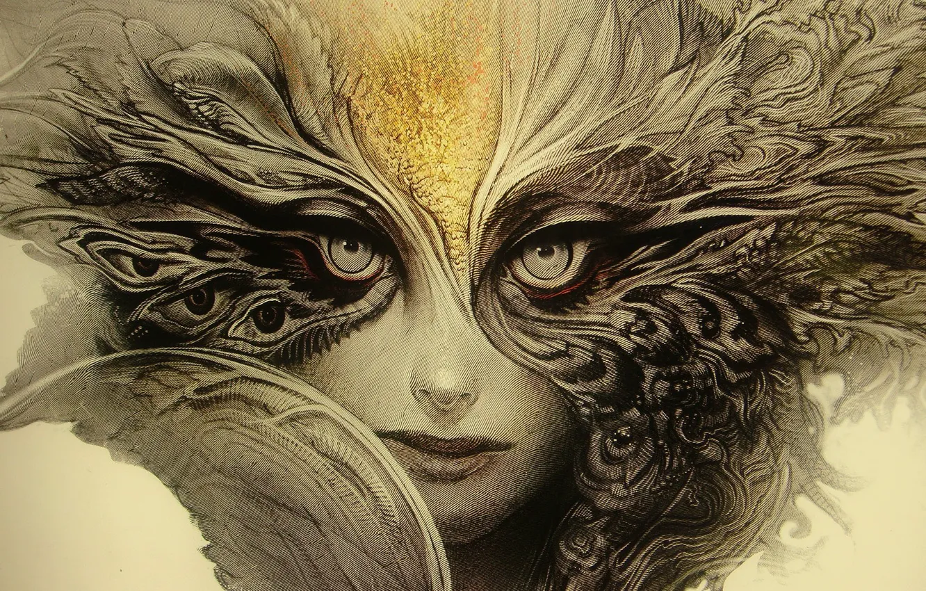 Photo wallpaper woman, eyes, feathers, look