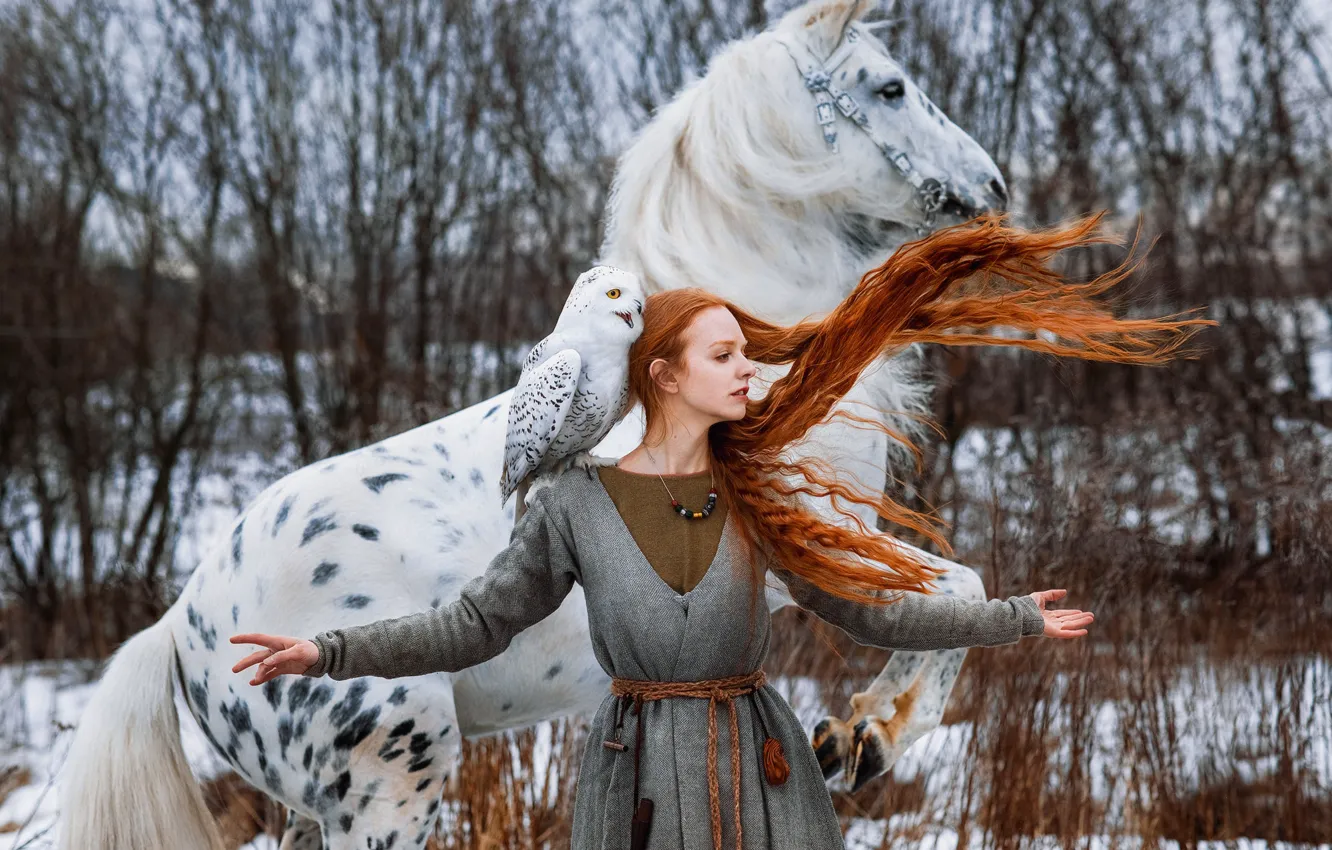 Photo wallpaper winter, girl, pose, horse, bird, horse, hands, red