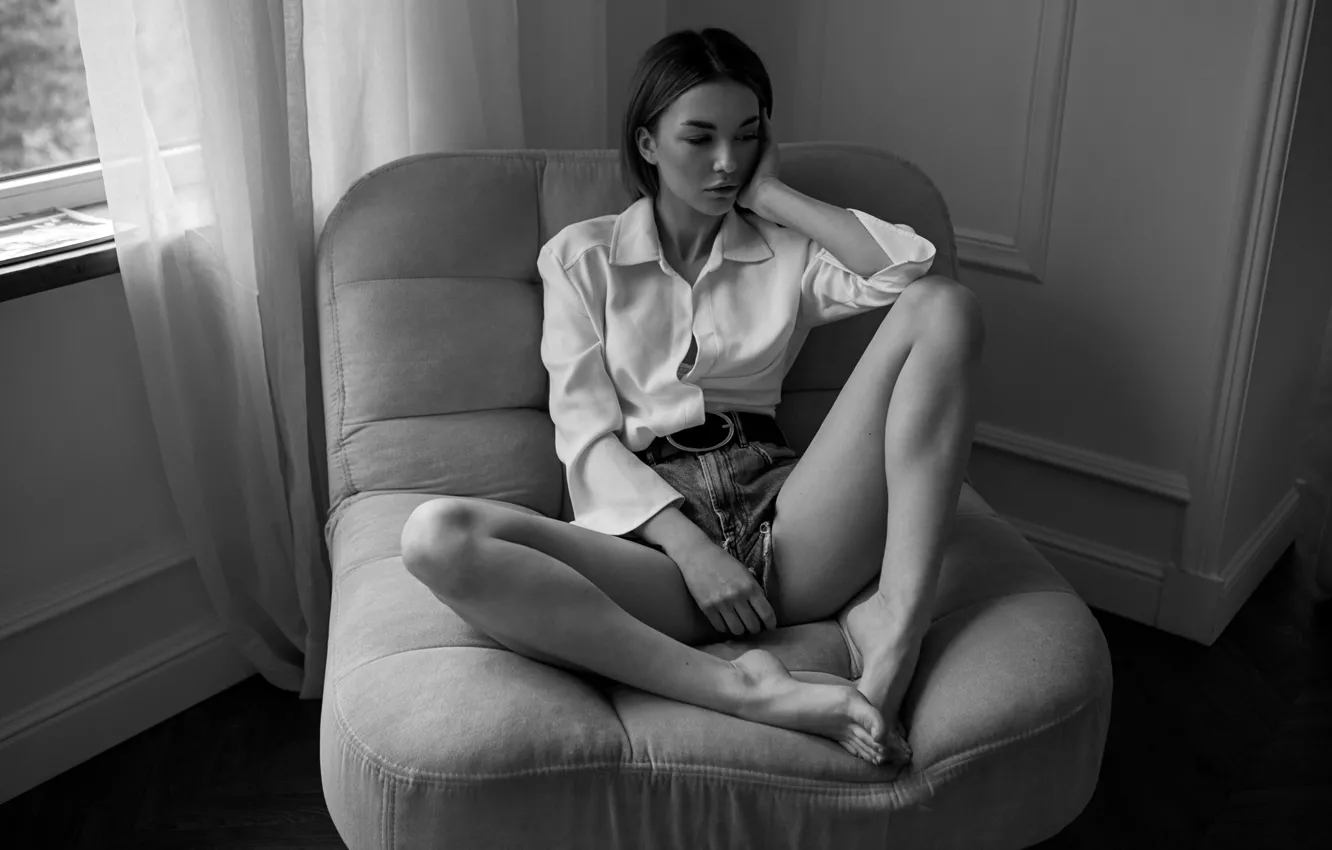 Photo wallpaper girl, pose, model, shorts, portrait, makeup, hairstyle, blouse