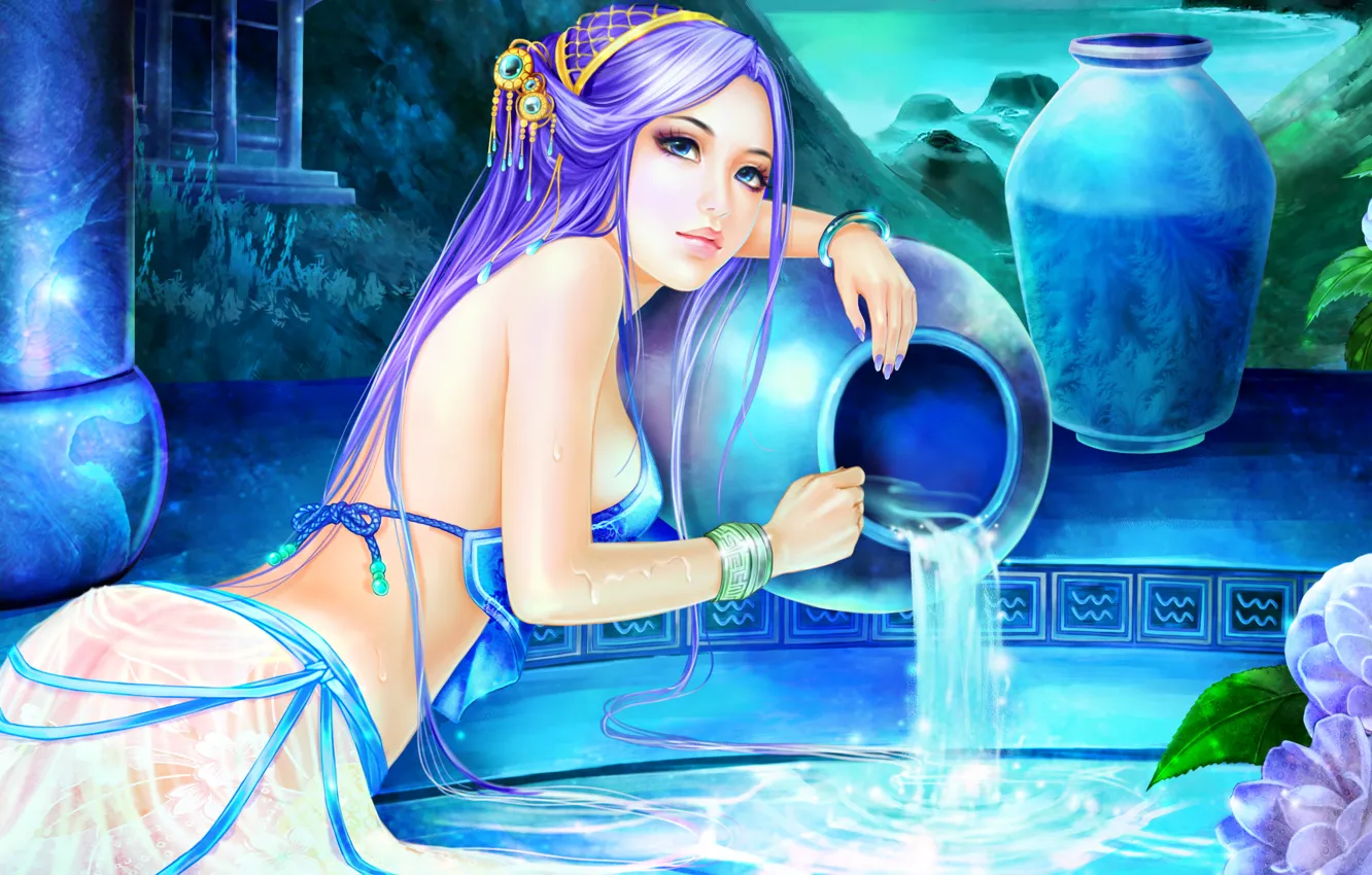 Photo wallpaper look, water, girl, face, hair, hands, art, Aquarius