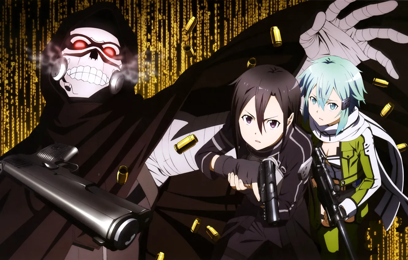 Photo wallpaper guns, skull, scarf, blue hair, art, Sword Art Online, Kirito, black cloak