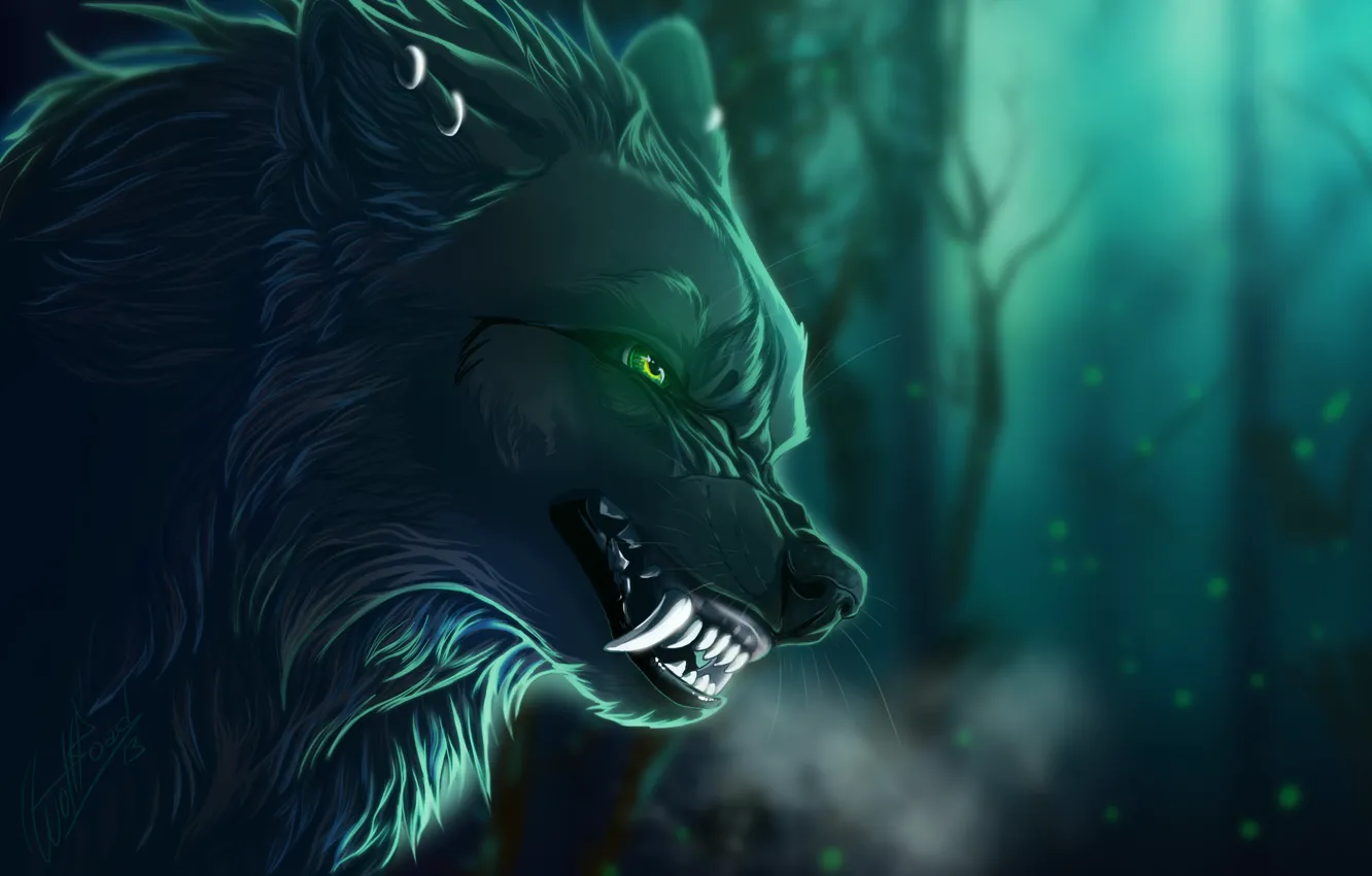 Photo wallpaper look, branches, background, animal, wolf, art, mouth, fangs