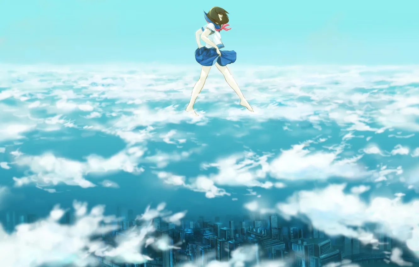 Photo wallpaper the sky, girl, clouds, the city, height, home, anime, art