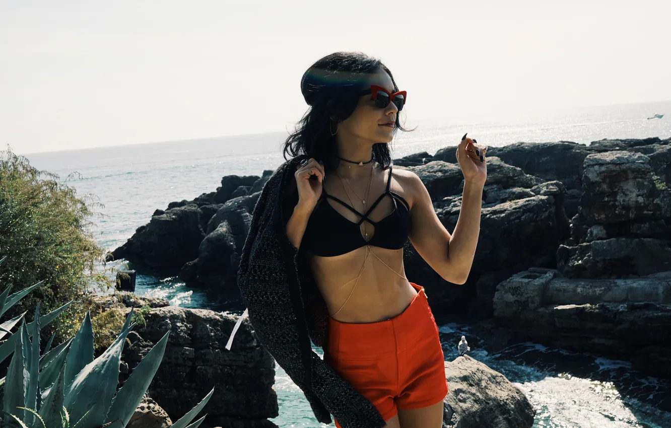 Photo wallpaper sea, girl, shore, shorts, actress, glasses, beauty, Vanessa Hudgens