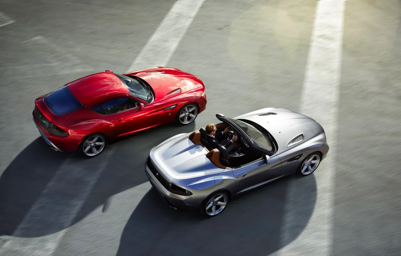 Photo wallpaper asphalt, red, grey, two, silver, BMW, in motion, the view from the top