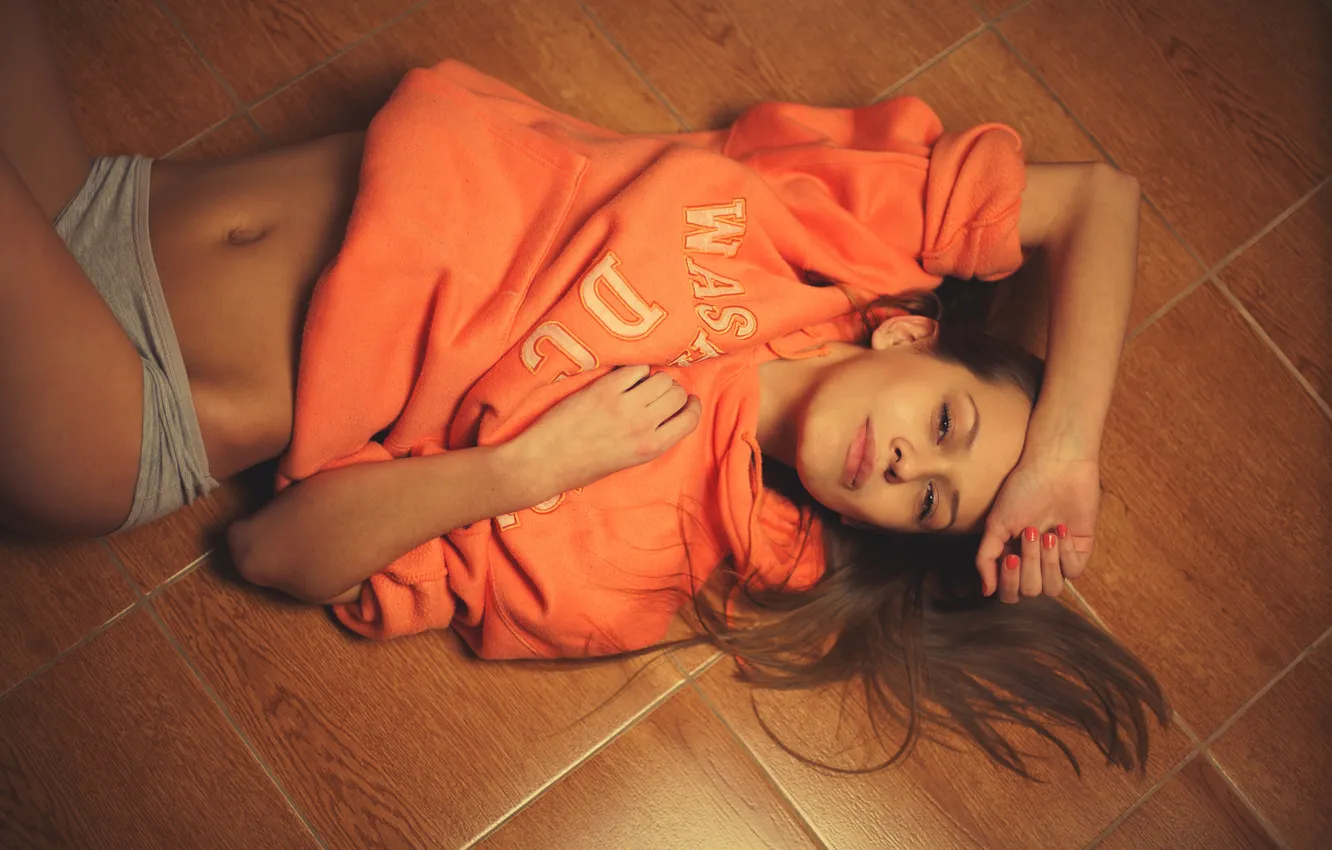 Photo wallpaper look, girl, smile, panties, flooring, brown hair, sweatshirt