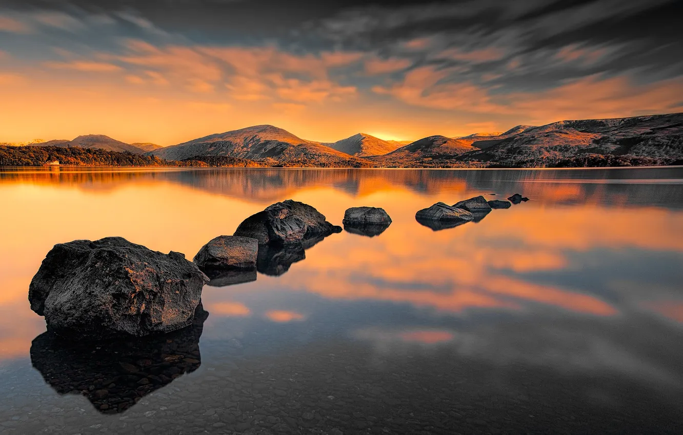 Photo wallpaper the sky, clouds, mountains, lake, stones, glow