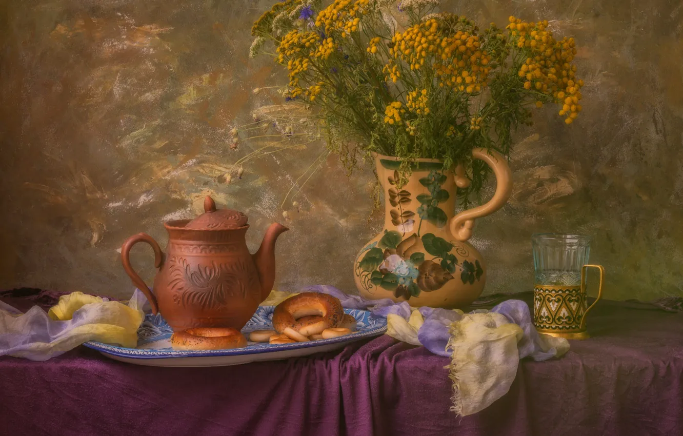 Photo wallpaper flowers, glass, table, bouquet, kettle, the tea party, fabric, pitcher