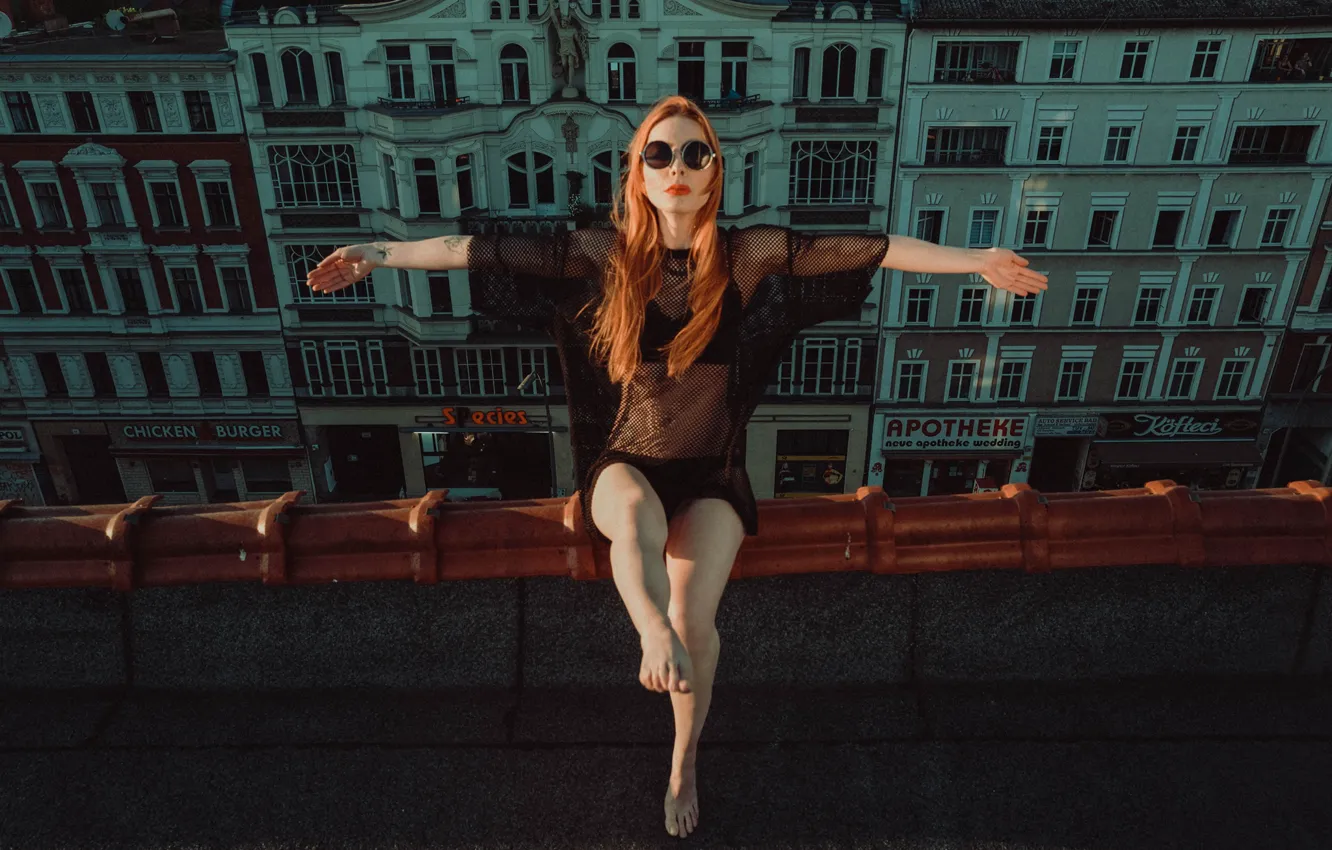 Photo wallpaper girl, pose, the situation, hands, glasses, red, redhead, on the roof