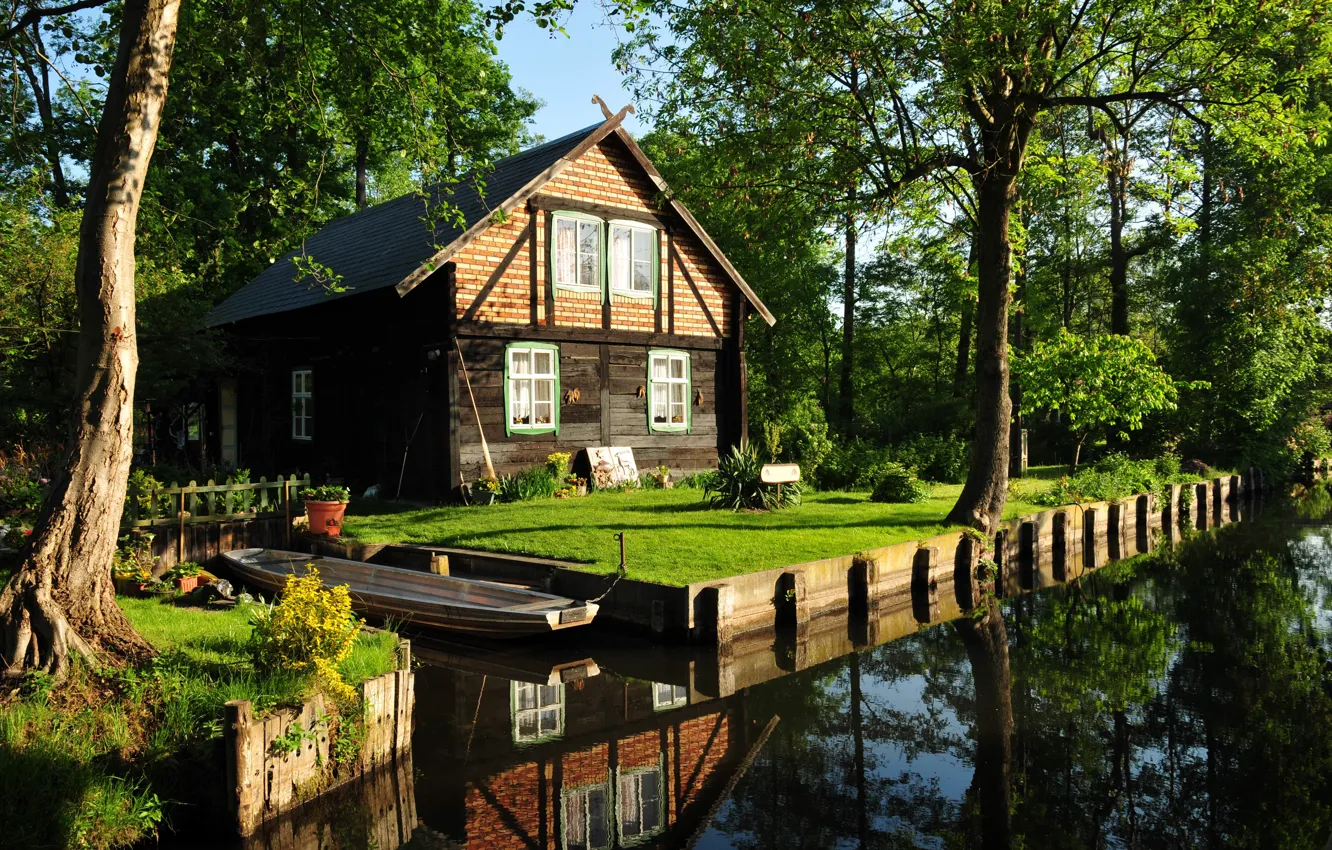 Photo wallpaper house, boat, garden, channel