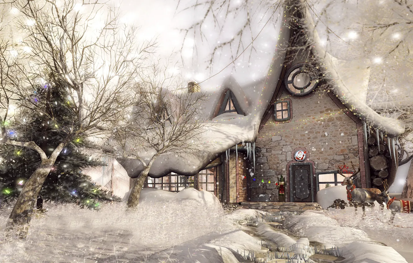 Photo wallpaper snow, trees, house, deer