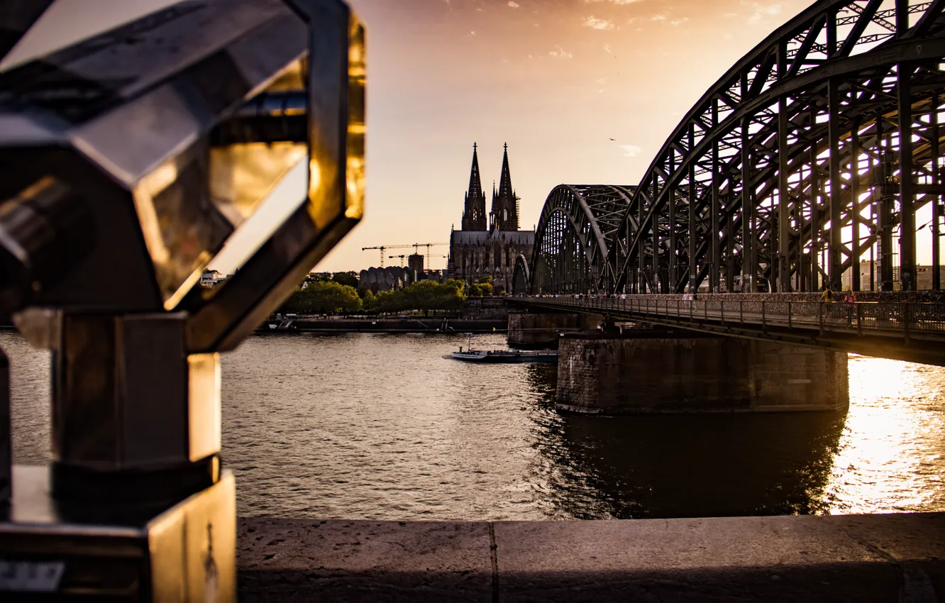Photo wallpaper city, cathedral, bridge, water, view, Cologne Cathedral, sunlight, Cologne