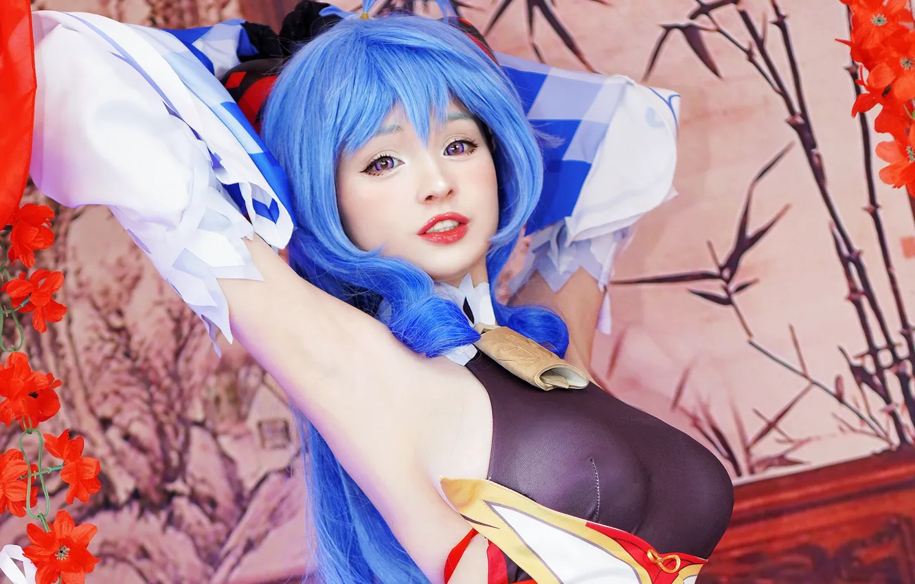 Photo wallpaper girl, sexy, blouse, long hair, smile, beautiful, purple eyes, pretty