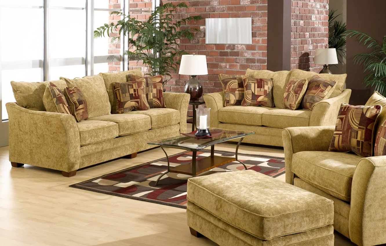 Photo wallpaper design, chair, candles, the couch, table, living room