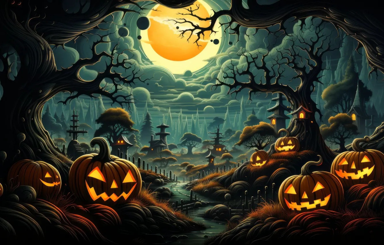 Photo wallpaper night, holiday, the moon, Halloween, pumpkin, digital art, digital art, artificial intelligence