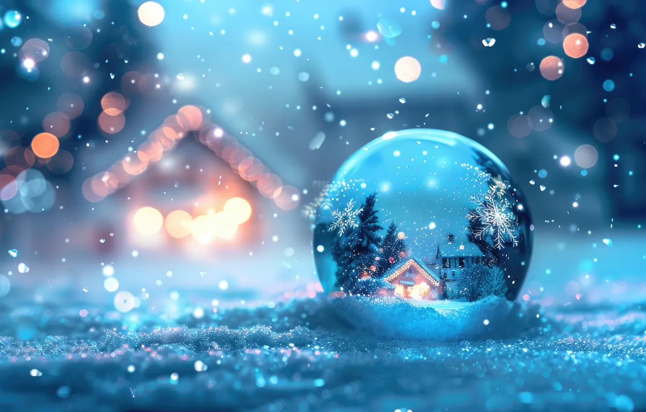 Photo wallpaper winter, snow, balls, new year, Christmas, house, snowfall, AI art