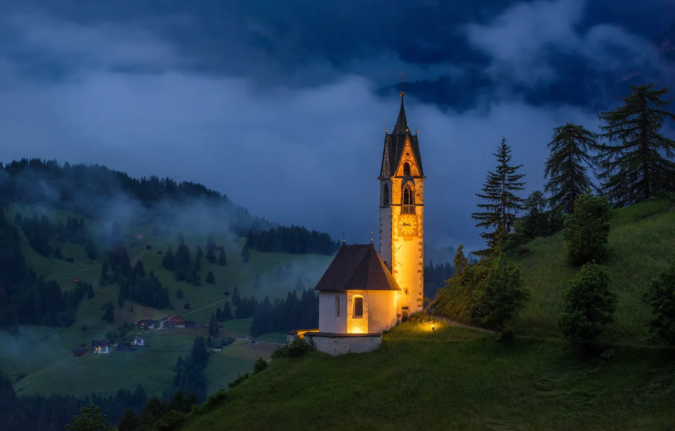 Photo wallpaper landscape, mountains, night, nature, village, Italy, Church, The Dolomites