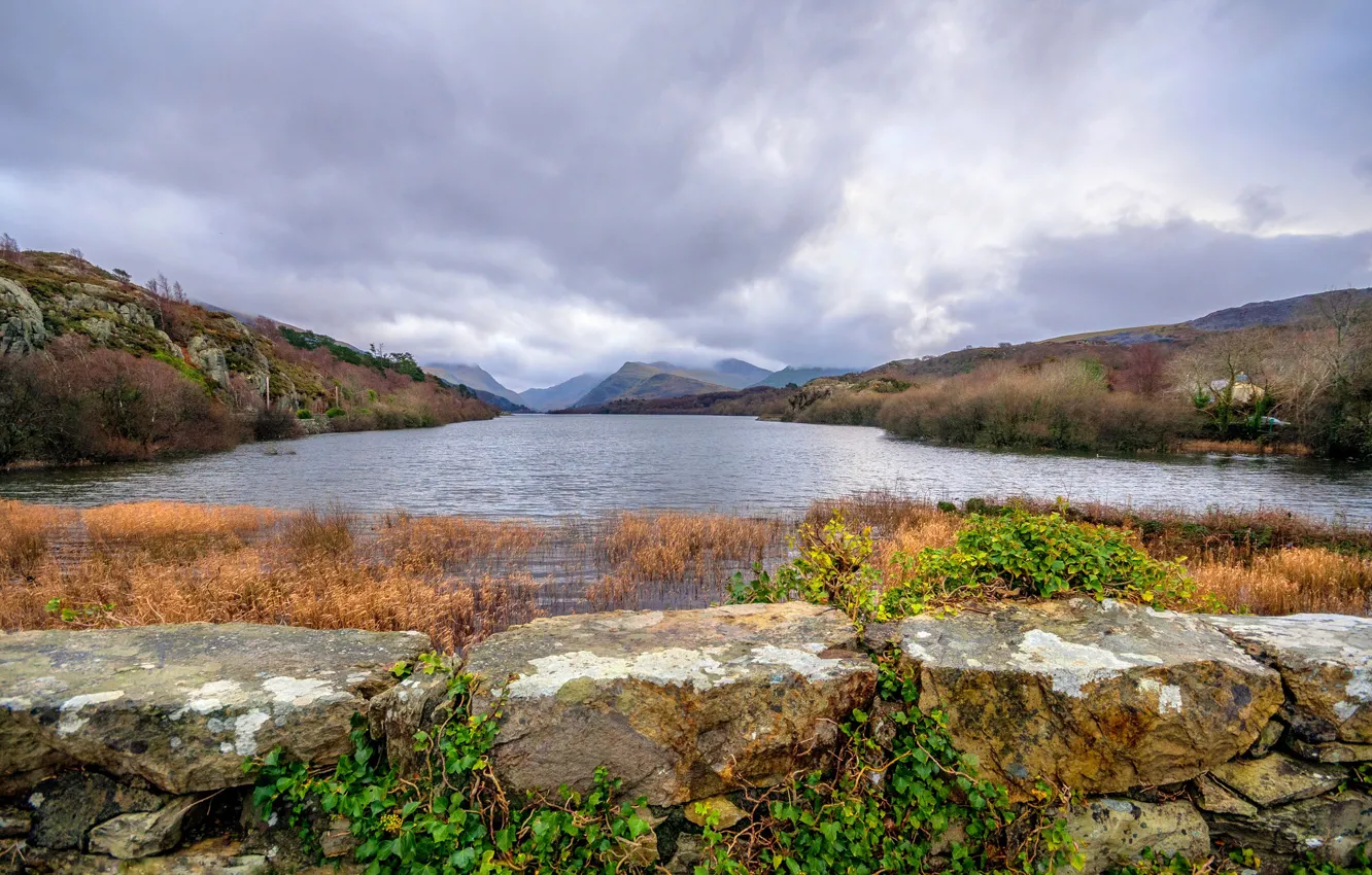 Photo wallpaper clouds, landscape, mountains, lake, Wales, Llyn Padarn