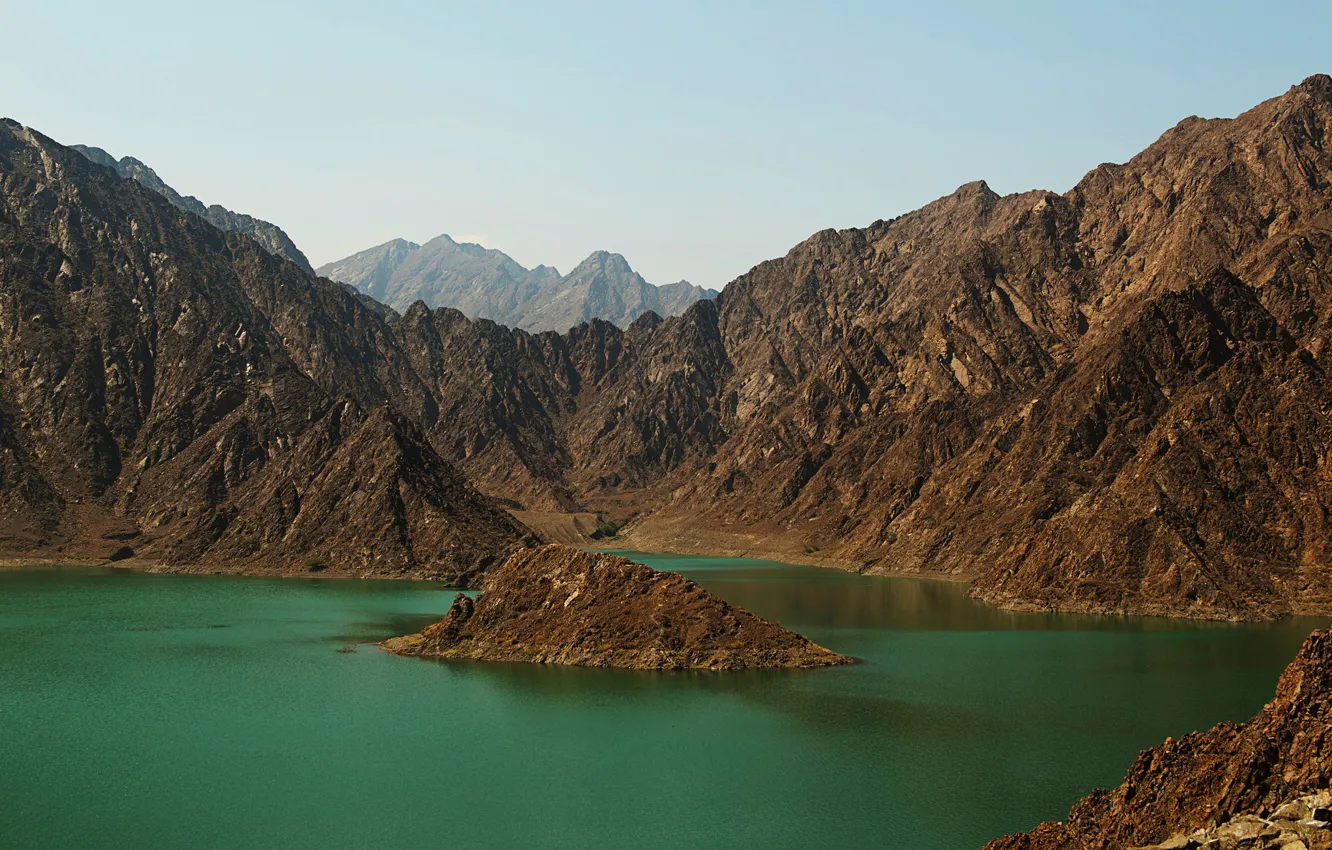 Photo wallpaper mountains, lake, rocks, sunny
