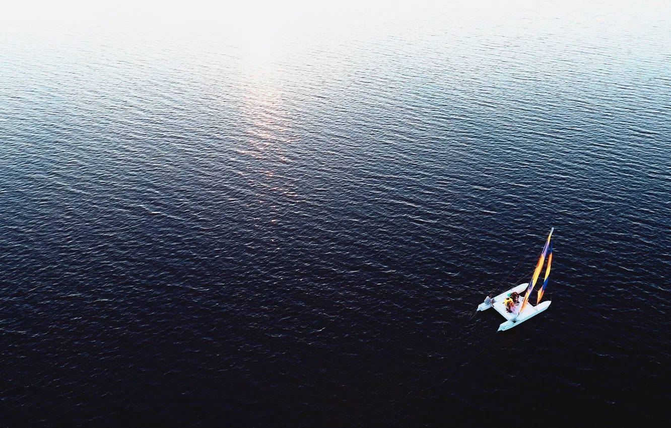 Photo wallpaper sea, the ocean, yacht, horizon, calm, swimming, catamaran, the crew