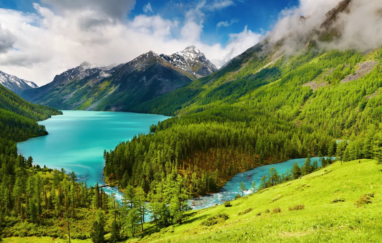 Photo wallpaper water, trees, mountains, nature, lake, river, hills, landscapes