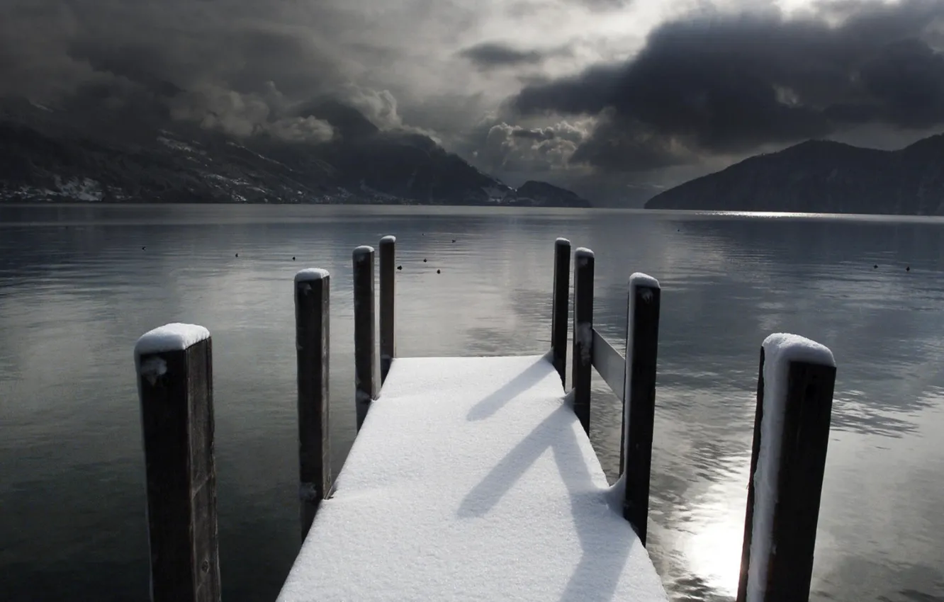 Photo wallpaper winter, sadness, snow, lake, pier