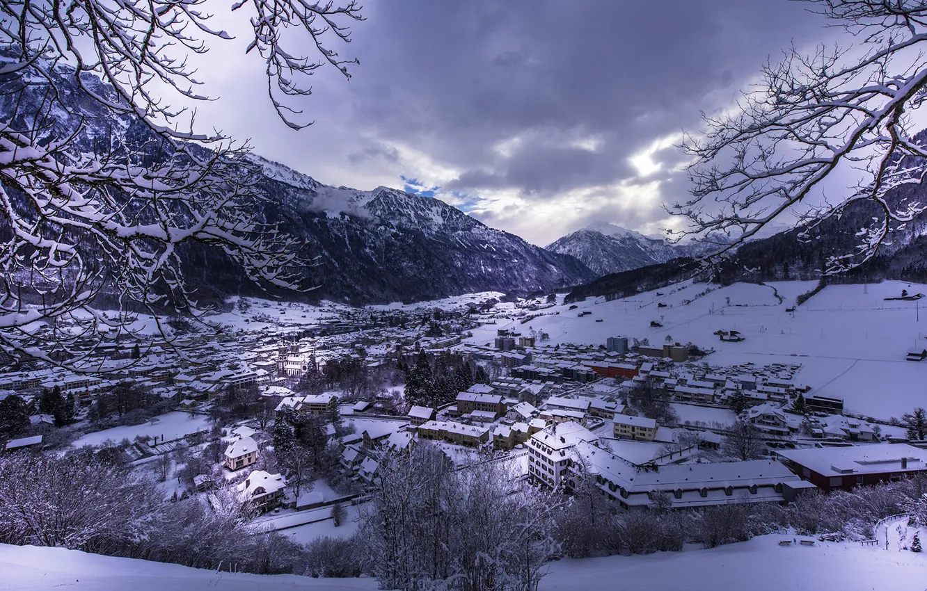 Photo wallpaper winter, snow, mountains, view, home, Switzerland, panorama, Glarus