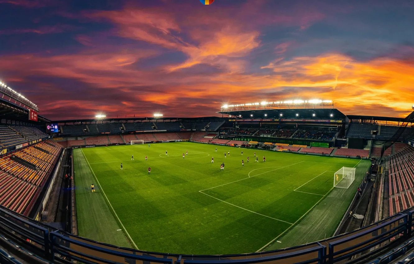 Photo wallpaper the sky, clouds, sunset, lawn, football, sport, the evening, glow